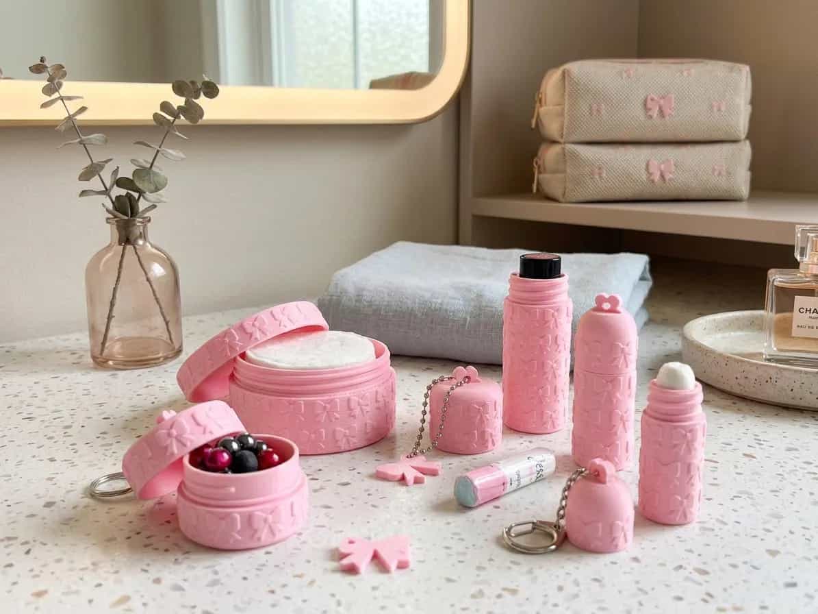 Ensemble de Voyage Maquillage & Hygiène | Motif Noeud Rose 3D