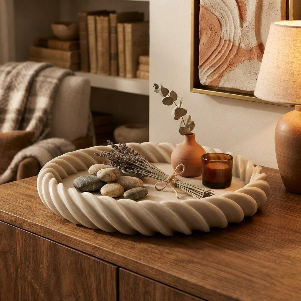 Plateau Décoratif Torsadé Imprimé en 3D, Vide Poche Design Rond Beige, Déco Table Basse Scandinave, Idée Cadeau Maison Minimaliste — image 3