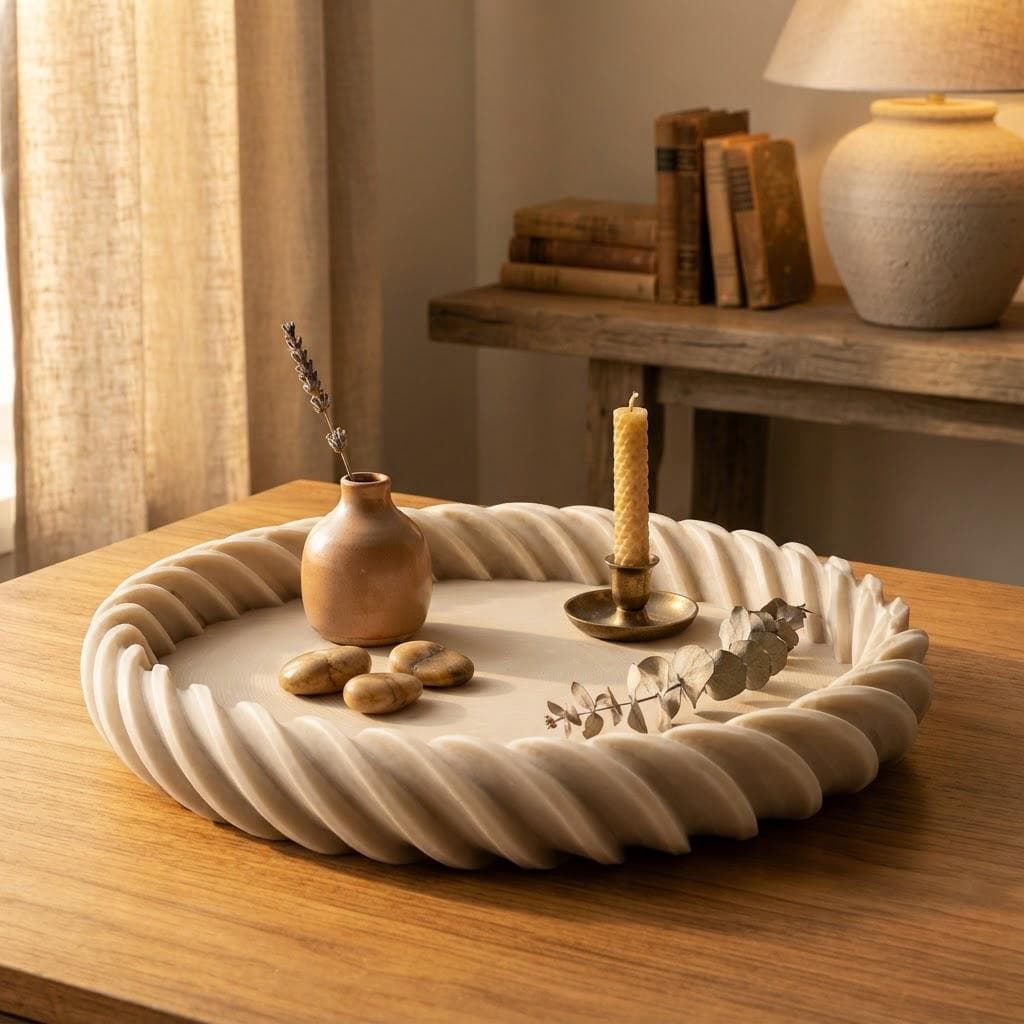 Plateau Décoratif Torsadé Imprimé en 3D, Vide Poche Design Rond Beige, Déco Table Basse Scandinave, Idée Cadeau Maison Minimaliste — image 2