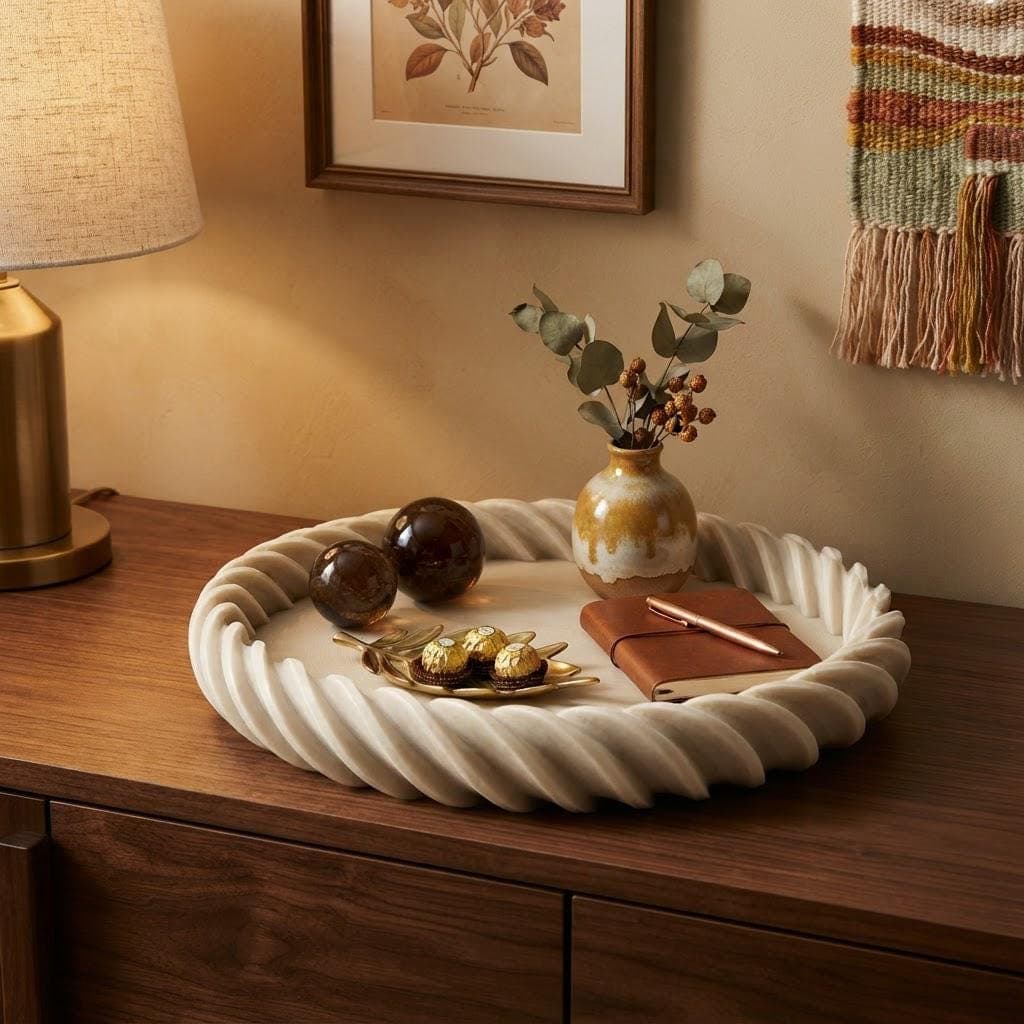 Plateau Décoratif Torsadé Imprimé en 3D, Vide Poche Design Rond Beige, Déco Table Basse Scandinave, Idée Cadeau Maison Minimaliste — image 1