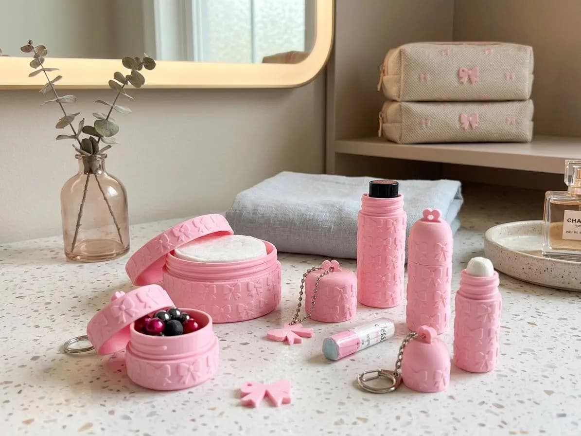 Ensemble de Voyage Maquillage & Hygiène | Motif Noeud Rose 3D — image 1