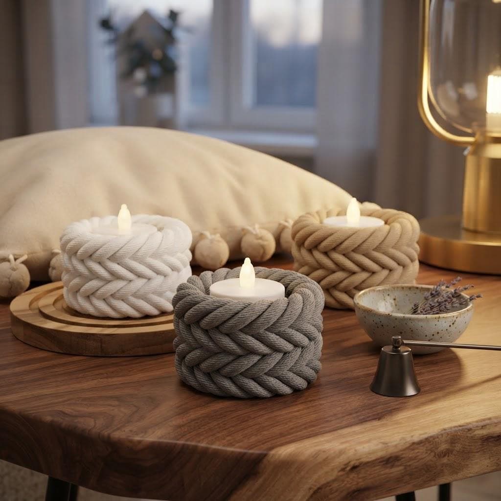 Bougeoir Tressé Effet Corde Impression 3D | Photophore LED Déco Hygge & Cocooning — image 1